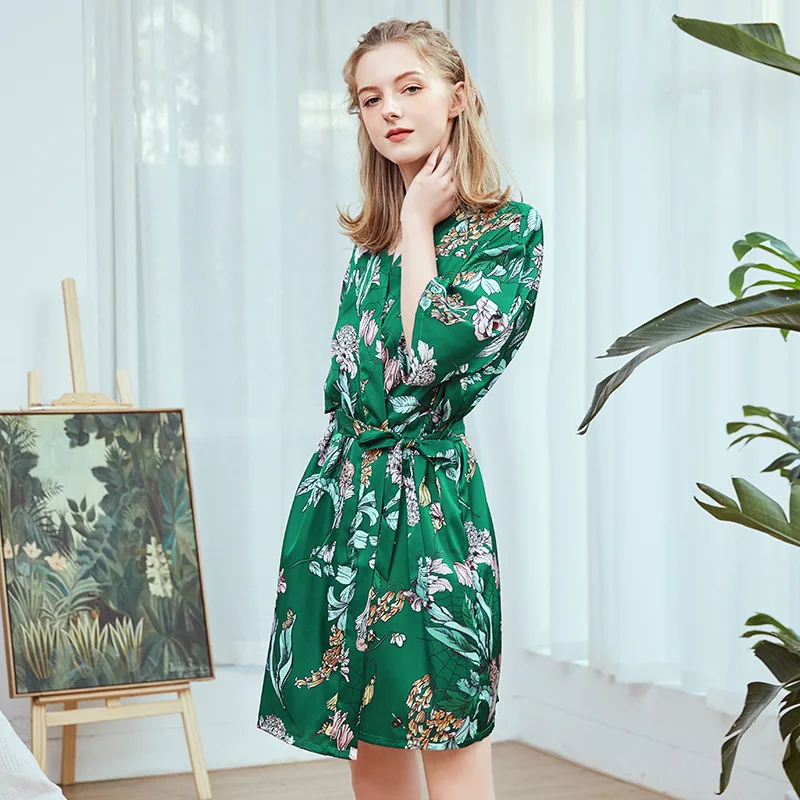 Халат кимоно Женский Шелковый с цветочным принтом пикантная мягкая свободная