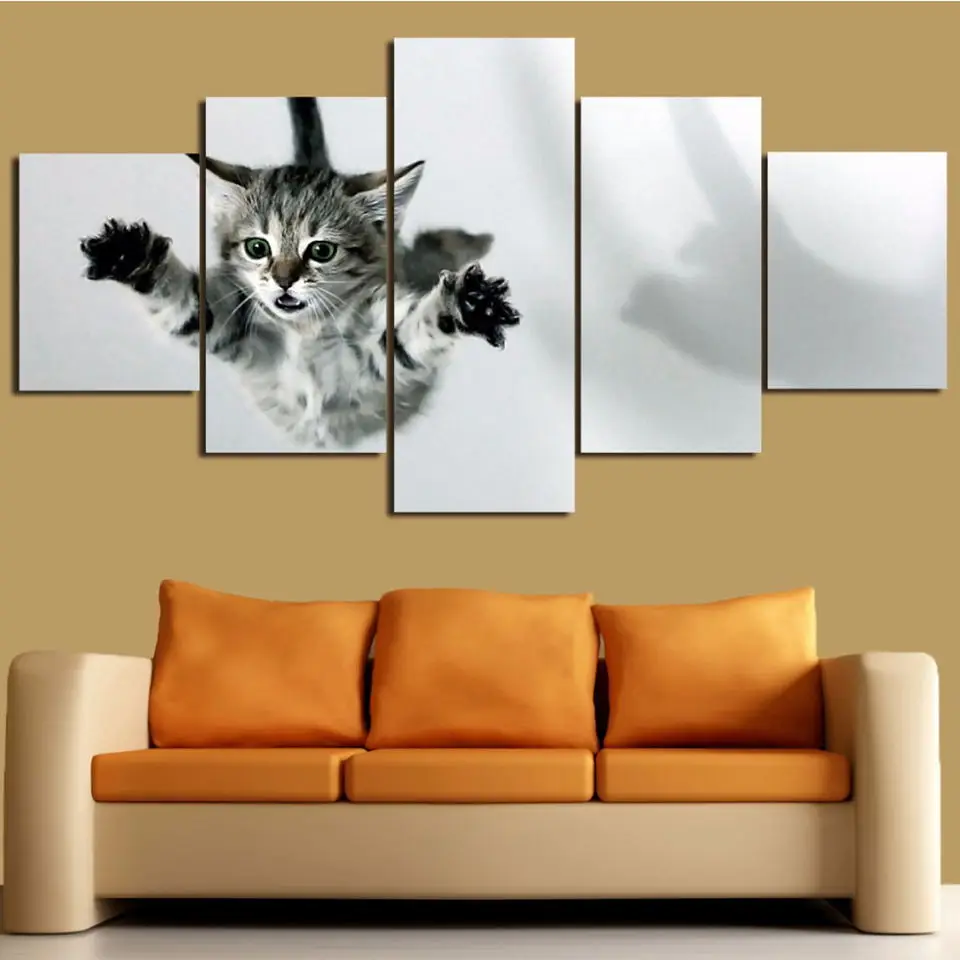 Дома рамки цитаты Wall Art Гостиная HD печати 5 Панель с милым рисунком кота модульный