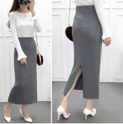 light grey Qooth осенне-зимняя трикотажная юбка с высокой талией, OL, длинная юбка-карандаш, Женская открытая трикотажная повседневная юбка средней длины, 9 цветов, QH1020 - Цвет: light grey