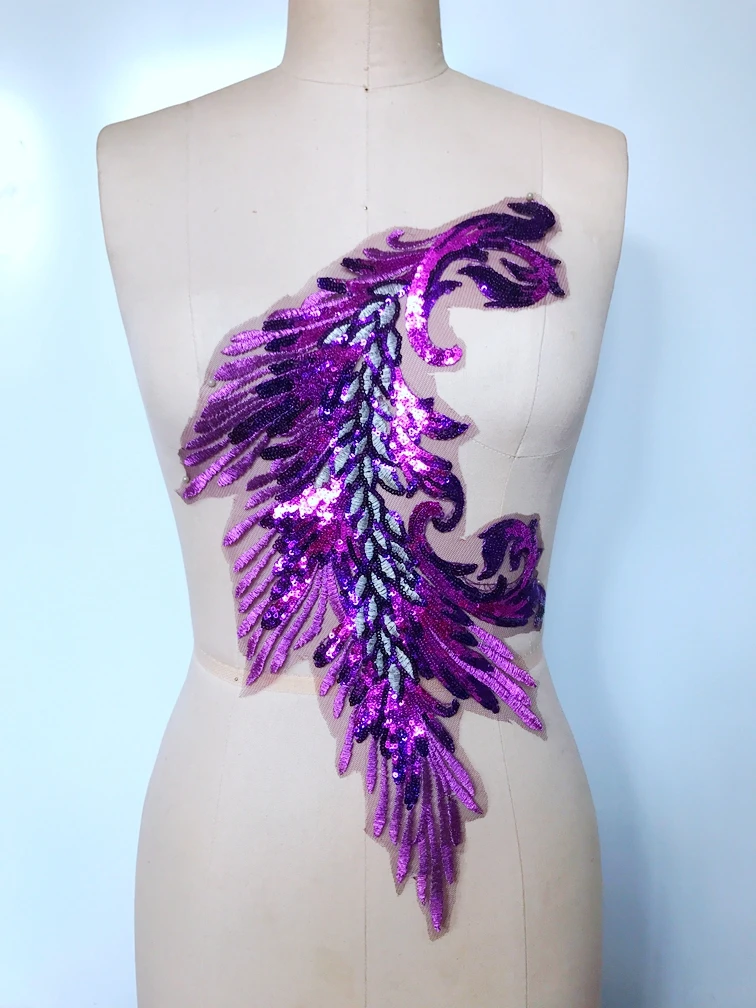 

high quality 25*40cm sew on Purple lace applique Water soluble lace embroidery trim patches for dress