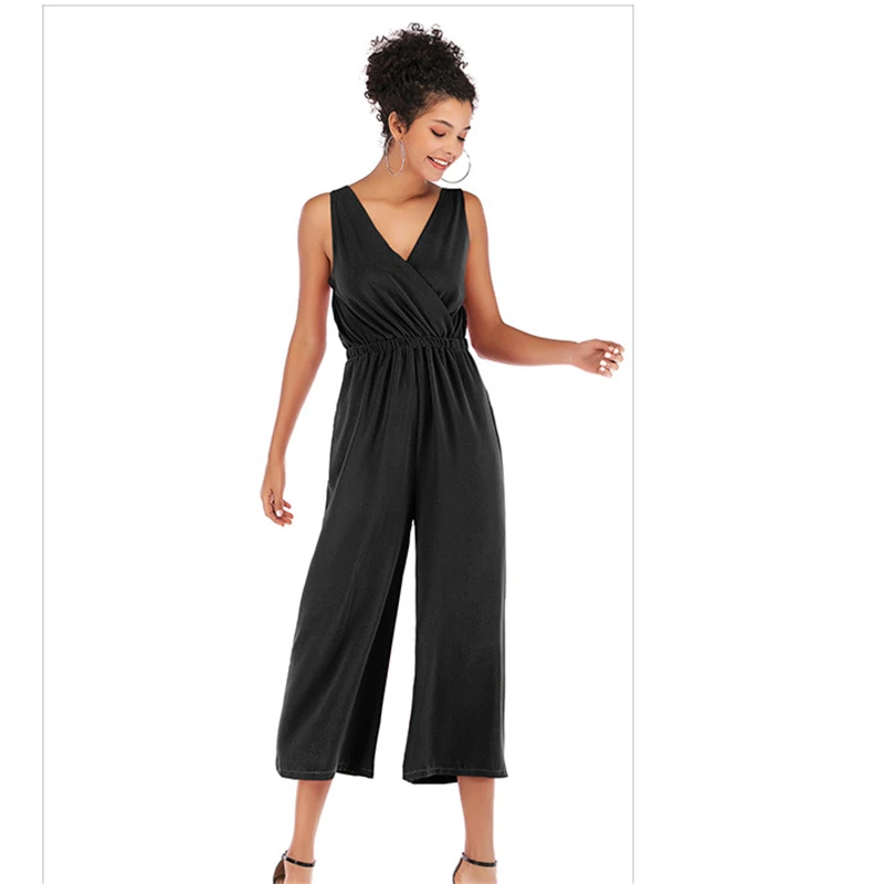 Женский шифоновый комбинезон с v образным вырезом на талии однотонный