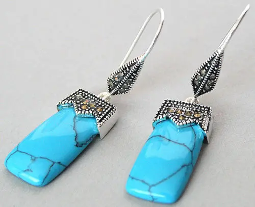 

fashion jewelry Natural Turquoise 925 silver & macasite earrings 2"