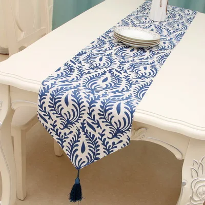 Pattern B Junwell поли/Лен Печать настольная дорожка китайский фарфор стиль дорожка скатерть с кисточками синий и белый - Цвет: Pattern B