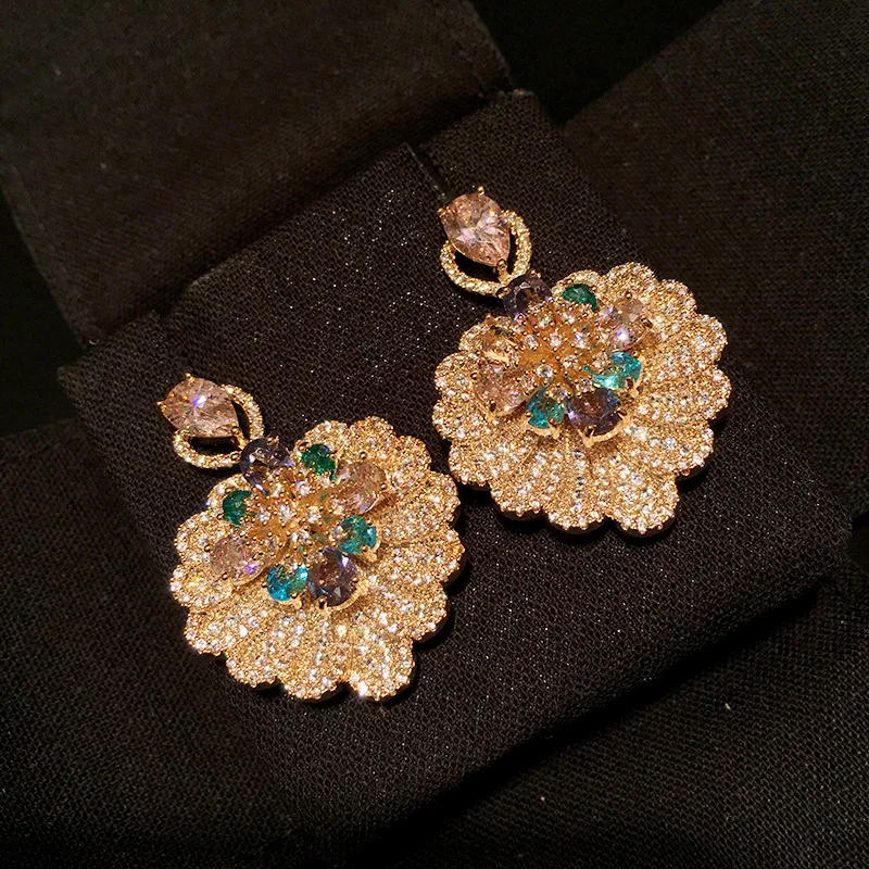 

Bilincolor fashion small Heavy Luxury Floral Flower Full Mirco Paved Cubic Zirconia Wedding bridal drop Earring Women