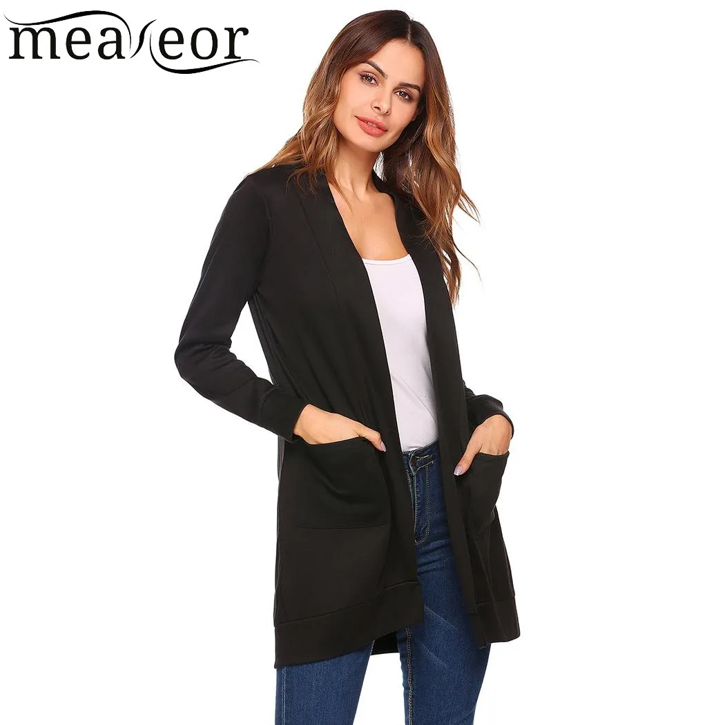 Meaneor 2017 New Women Casual Autumn Cardigan Long Sleeve Solid Open Front Cardigans Sexy Loose Lady Sweater with 2 pockets Tops |