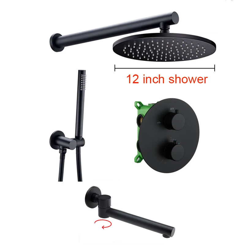 12 inch rainshower Smesiteli матовый черный круглый стиль смеситель для ванны 3 ходовой переключатель термостатический клапан латунь 8 ''-16'' дождевой Душ ванная комната кран Набор - Цвет: 12 inch rainshower