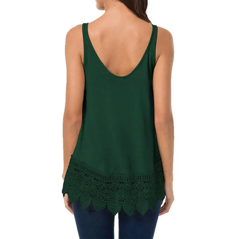 

Ladies Casual Sleeveless T Shirts Women 2018 Summer Solid Color Lace Patchwork Hem Tee Shirt Femme Loose Tops WS7677X