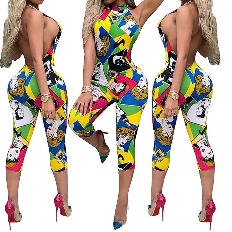 2018 Sexy Womens Skinny Jumpsuit Casual Long Pants Half Sleeve Jumpsuits Night Out Rainbow Multicolor Print | Женская одежда