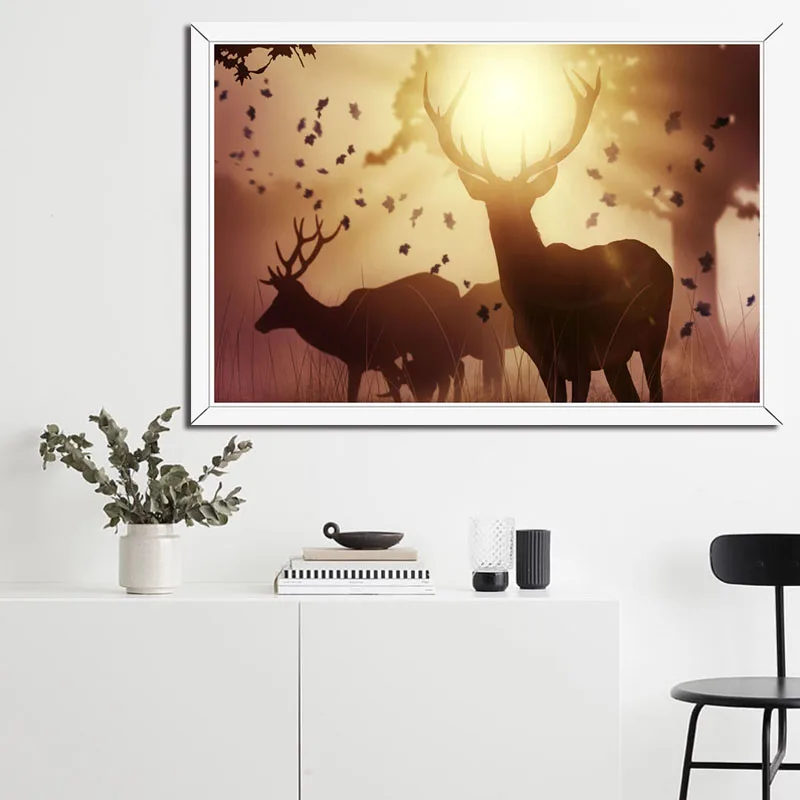 P314 олень лес закат природа пейзаж Искусство Живопись Шелковый Холст плакат
