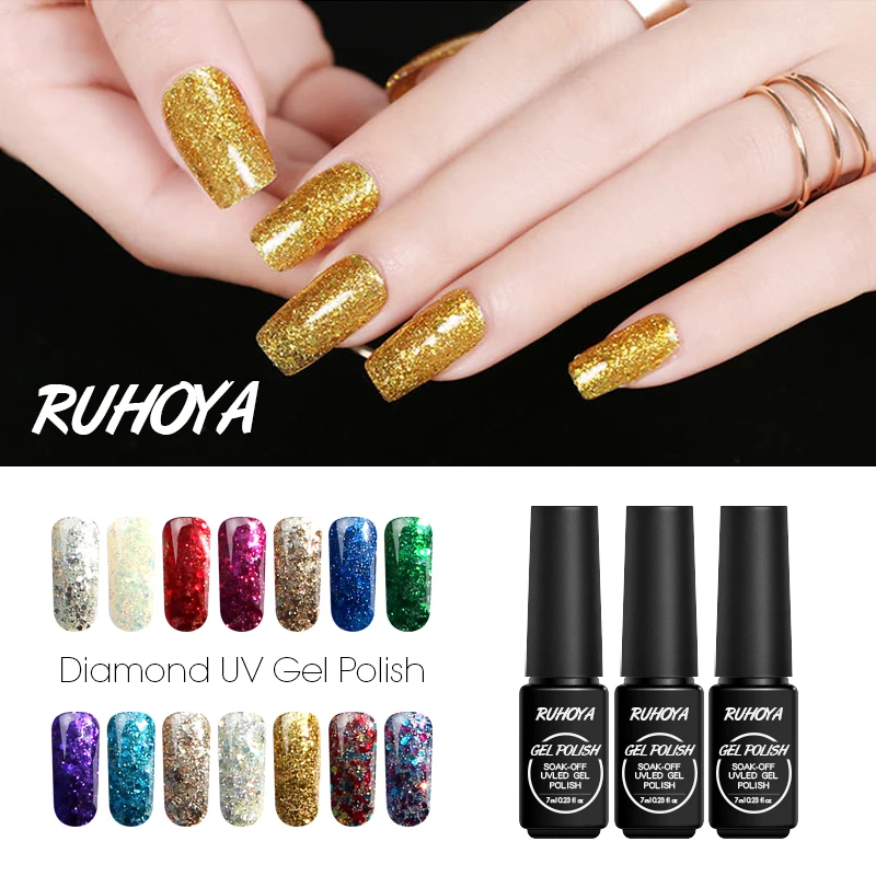 Ruhoya Glitter Bling Nail Varnish Diamond Gel Polish Soak Off Semi Permanent Vernis Sequins Decoration Manicure Art Tools | Красота и