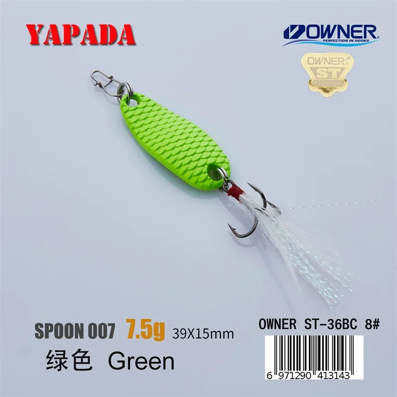 Green 7.5g Feather YAPADA ложка 007 Loong Шкала 5 г/7,5 г 34-39 мм держатель тройной крючок многоцветный цинковый сплав металлическая ложка перо рыболовные приманки бас - Цвет: Green 7.5g Feather