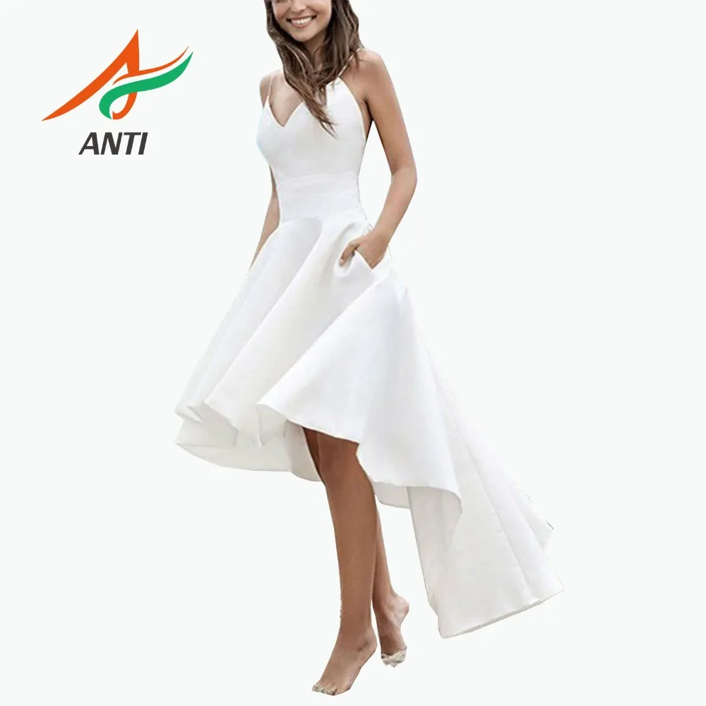 

ANTI Fast Shipping Boho Wedding Dress 2019 Satin A-Line Sexy Backless Beach Bride Gown New Arrival Pure White vestido de noiva