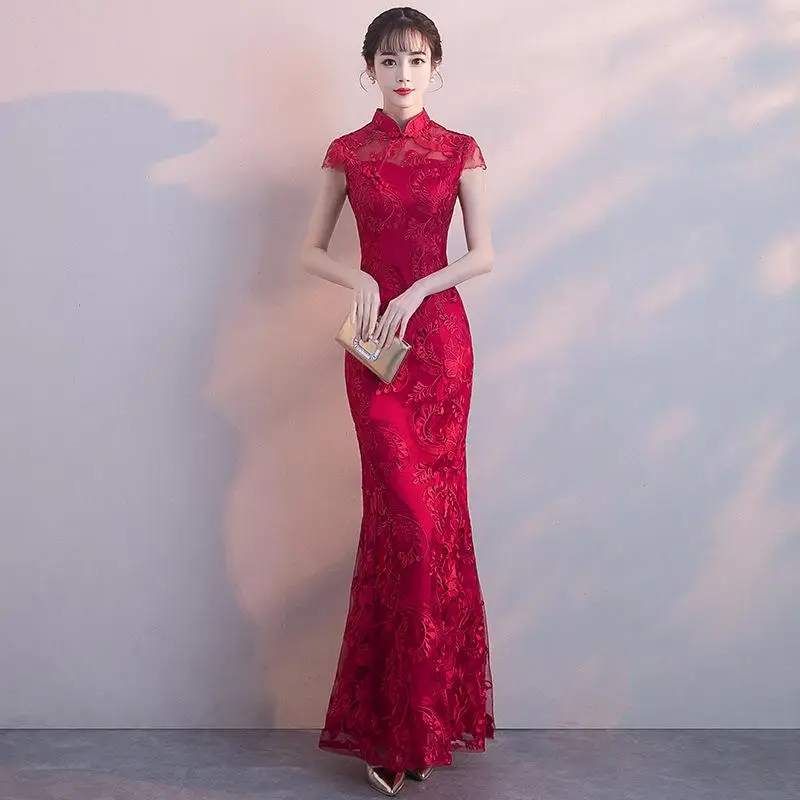 Традиционная китайская вышивка элегантные черные женские Qipao Русалка Длинные винтажные Cheongsam Сексуальные узкие вечерние платья для выпускного вечера Большие размеры 3XL - Цвет: Burgundy