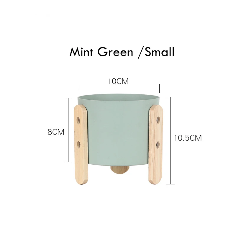 Mint Green S 1pc Macaron Color Flowerpot Iron Planter Pot with Wooden Stand Home Decor Craft Green Plant Pot with Hole - Цвет: Mint Green S