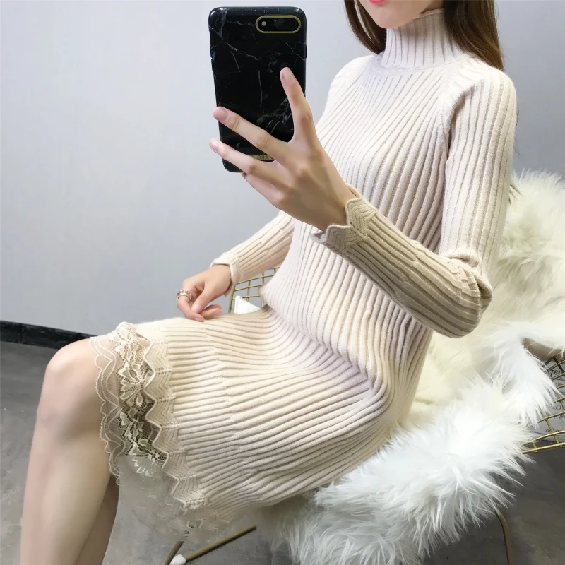 Lace Patchwork Knitted Cotton Sweater Dresses Bottom Knitwear Women Vintage Loose Turtleneck Pullover Femme LJ0930 | Женская одежда