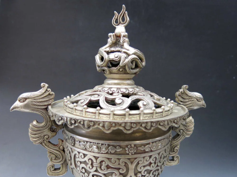 13 &quotКитай Серебро ручная работа резной Феникс сенсер Дракон благовония горелка