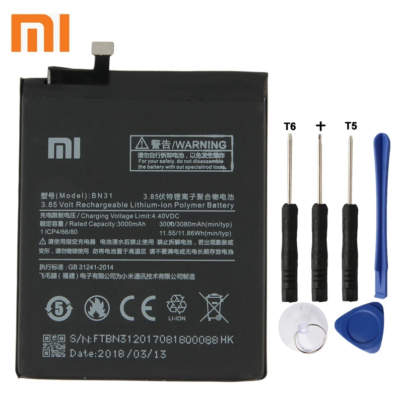 Xiao mi Xiaomi BN31 Аккумулятор для Xiao mi 5X mi 5X Red mi Note 5A Xiao mi A1 3080 мАч BN31 аутентичный аккумулятор для телефона+ инструмент