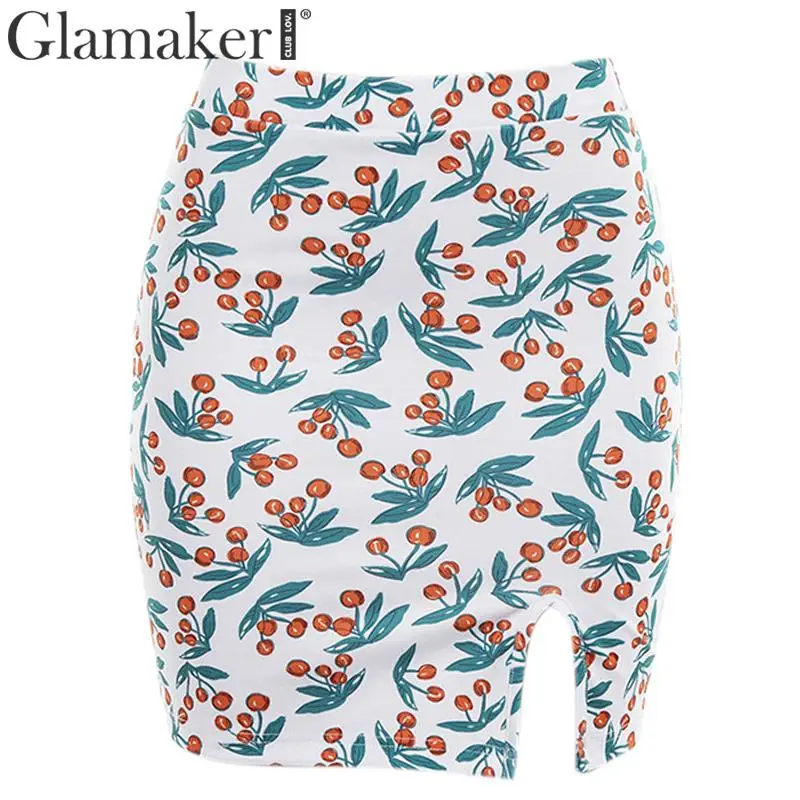 Glamaker винтажная Повседневная вишневая мини-юбка Женская высокая талия эластичная Сексуальная Женская юбка белая сплит-молния облегающая юбка-карандаш