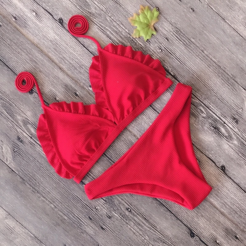 Сексуальная рюшами Холтер Купальные Костюмы комплект 2018 милый купальник бикини