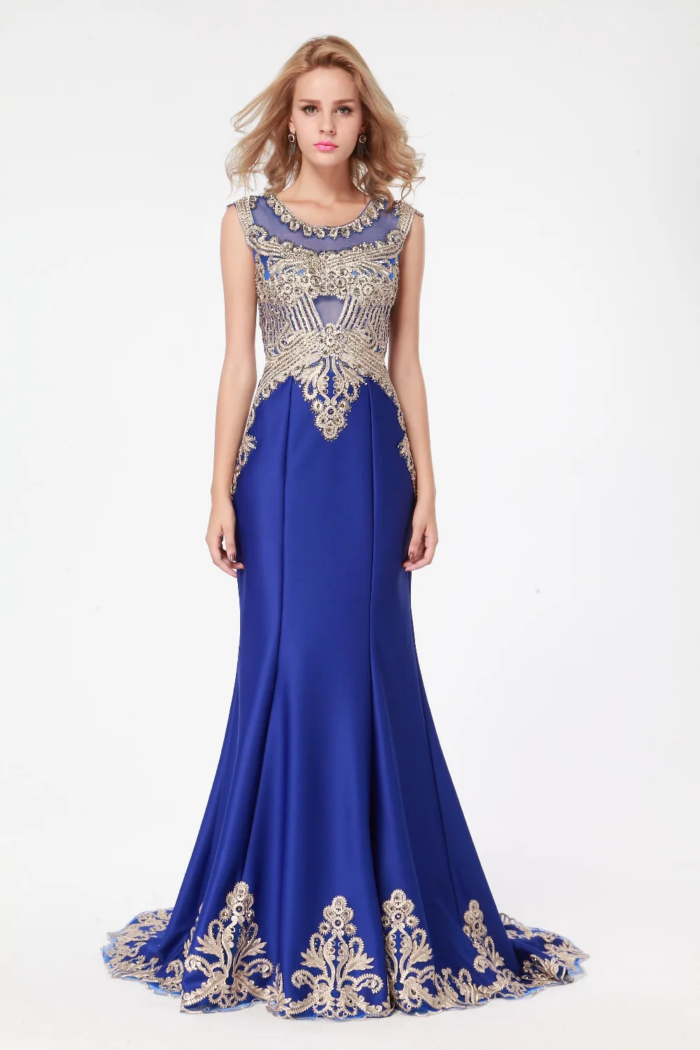 2017 100% Настоящее Изображения Элегантный Русалка Royal Blue Атласная Вышивка Длинные