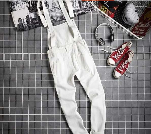 Mens Streetwear Vintage Distressed Denim Bib Overall for Men Ripped Jean Jumpsuit Jeans Male Suspender Denim Pants Black White