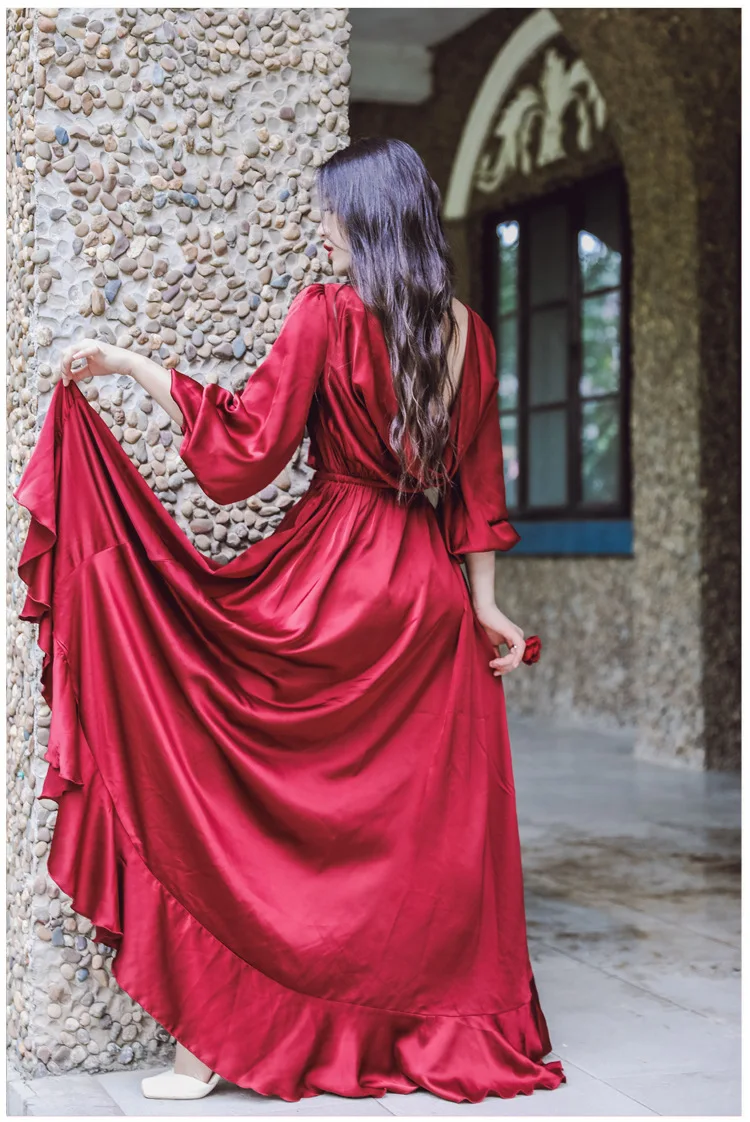 Новинка Осень-зима 2019 модное Красное длинное женское платье в винтажном стиле