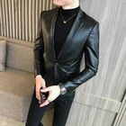 Пиджак мужской из ПУ кожи, однотонный черный приталенный деловой Повседневный пиджак с одной пряжкой, блейзер в Корейском стиле для танвечерние