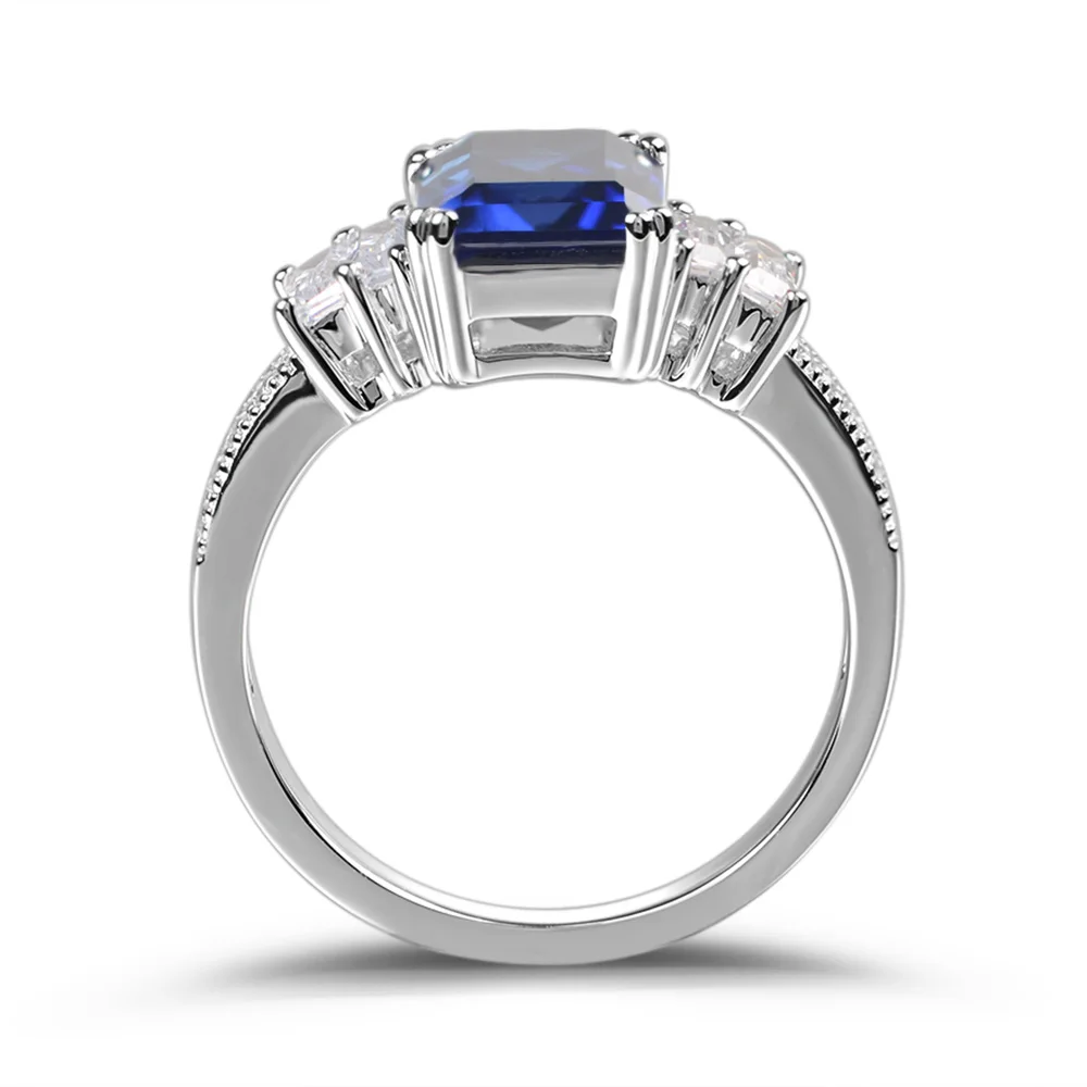 

Leige Jewelry Created Sapphire Ring Emerald Cut Blue Gemstone Prong Setting 925 Sterling Silver for Women September Birthstone