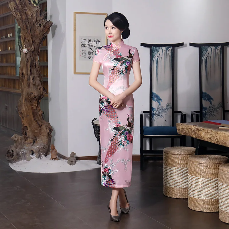 

Chinese Traditional Cheongsam Women's Silk Satin Long Dress Painting Lady Ball Gown