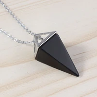 trendy beads silver plated reiki black onyx square pyramid pendant link chain necklace charm jewelry