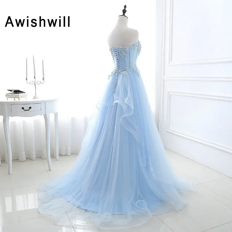 Vestido Formatura Элегантные Длинные Выпускные платья длиной до пола бисерные Аппликации Тюль А-силуэта на шнуровке сзади Вечерние вечернее платье