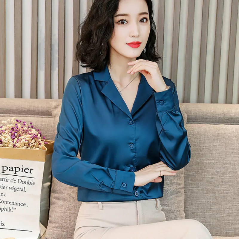 

2019 Spring Long Sleeve V Neck Satin Shirts Women Office Work Lady Long Sleeve Satin Tops Lady Simple Work Satin Blouses Tops