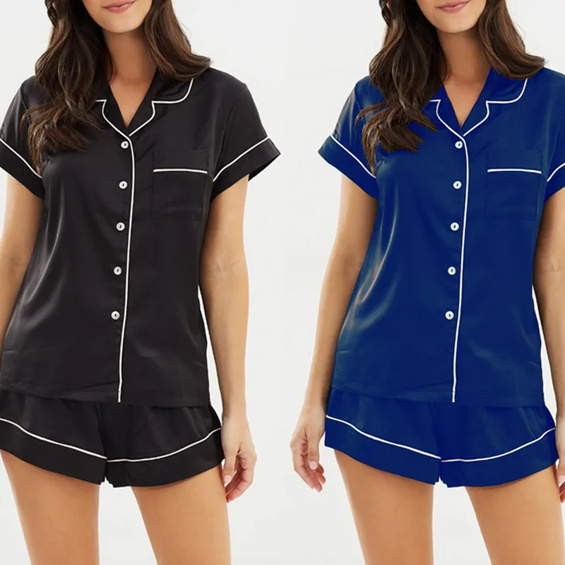 Летняя одежда для сна, костюм Для женщин Satin Plain Кнопка Нижнее белье Babydoll Ночное белье шорты Блузка Топы пижамы комплектов/партия