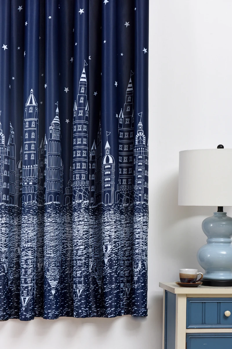 Modern Printed Castle Coffee Color Blackout Curtain For Kids Boys Bedroom Navy Blue Short Curtain Kitchen Window Drapes PC009D3