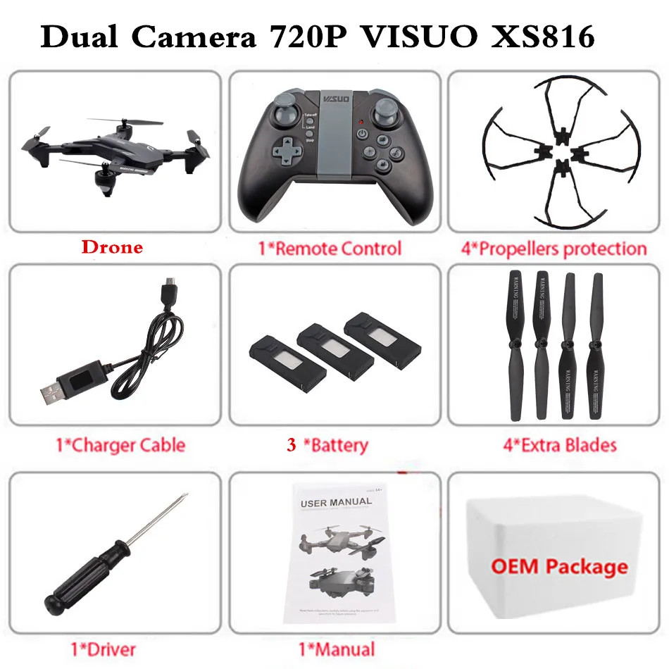 720P 3B Foam Box VISUO XS816 Радиоуправляемый Дрон с 720 P/4 K двойной камерой Дрон оптический поток Квадрокоптер с камерой жестом Квадрокоптер для селфи, Дрон - Цвет: 720P 3B Foam Box