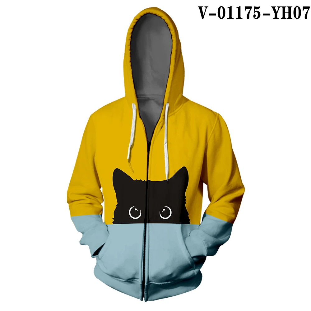 Толстовка на молнии с капюшоном WAMNI Kawaii Cat в стиле хип-хоп с цветным принтом, Женская толстовка с 3D капюшоном в стиле Харадзюку, зимняя теплая толстовка на молнии - Цвет: V01175