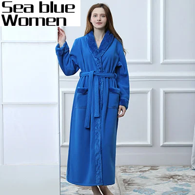 Sea blue Women Хит, для влюбленных, двойной слой, уплотненный, удлиненный зимний халат для женщин и мужчин, термальное кимоно из рунной шерсти, банный халат, теплые халаты, Халат - Цвет: Sea blue Women