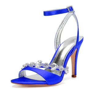 Royal blue Пикантные босоножки с ремешками; женские Вечерние туфли на высоком каблуке; Коктейльные атласные туфли; свадебные туфли невесты; цепь со стразами; с носком - Цвет: Royal blue