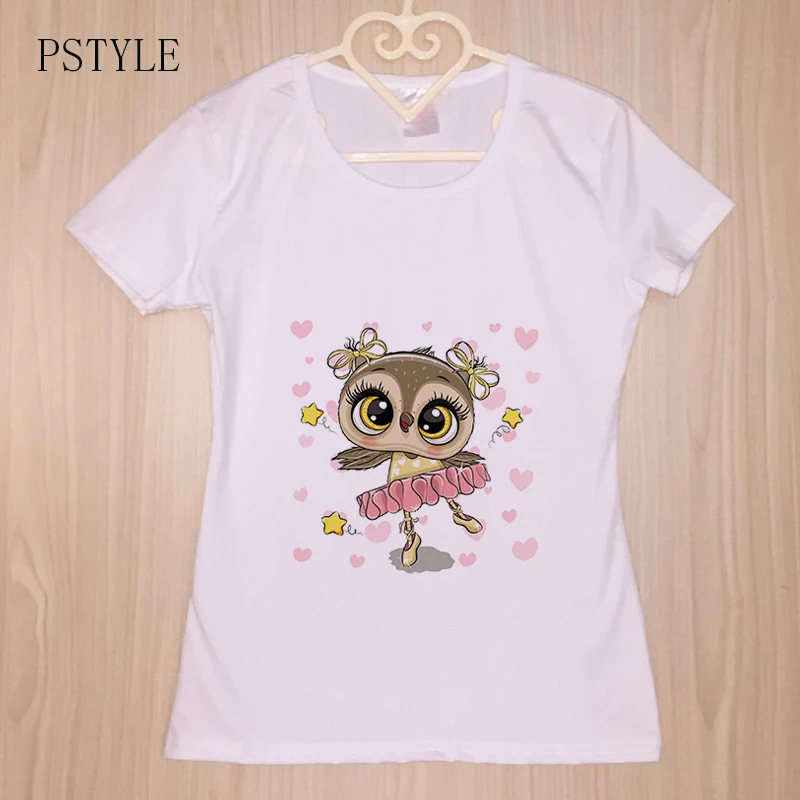Женская футболка с принтом в виде милой совы Белая Летняя коротким рукавом |