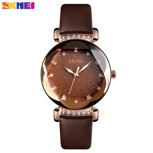 Leather-Rose Gold SKMEI модные женские часы брендовые Роскошные Кварцевые женские часы наручные часы из нержавеющей стали водонепроницаемые часы браслет reloj mujer - Цвет: Leather-Rose Gold