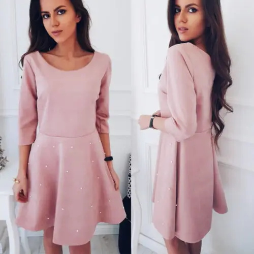 Women Sexy Dresses Casual Summer Pearl Solid Pink Three Quarter Sleeve Round Neck Party Evening Short Mini Dress | Женская одежда