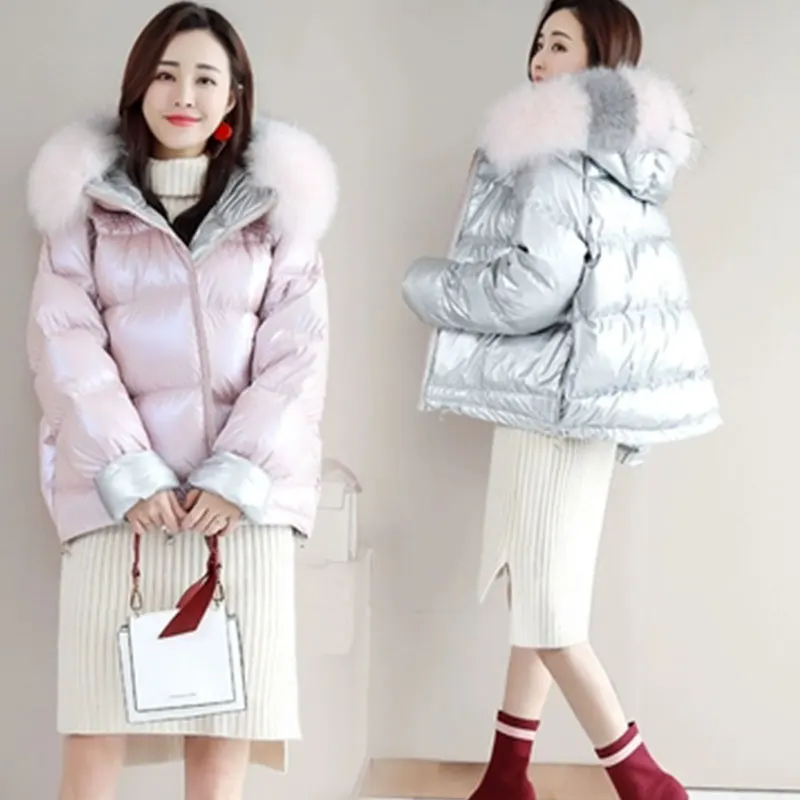 Pink Зимнее женское пальто металлического цвета, блестящее, золотистое, серебряное, с повязкой на рукавах, искусственный мех, теплая Женская куртка высокого качества, одежда для двух лиц 129 - Цвет: Pink
