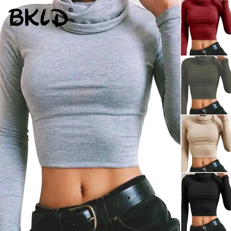 

BKLD модная футболка 2018, Женская хлопковая футболка с длинным рукавом, женский укороченный топ с высоким воротником, осенняя новая однотонная...