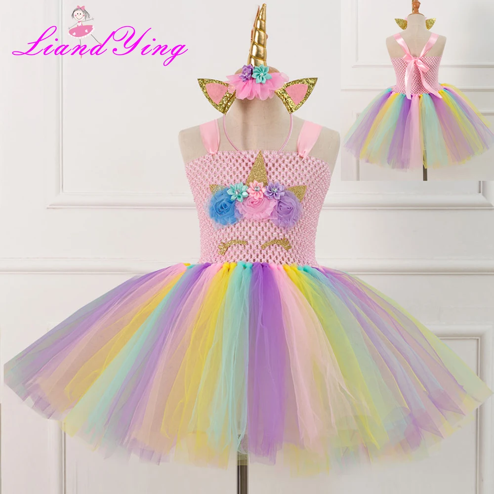 Детское платье с единорогом для девочек; радужные вечерние платья; элегантный костюм; Детские Свадебные платья для девочек; vestidos; повязка на голову