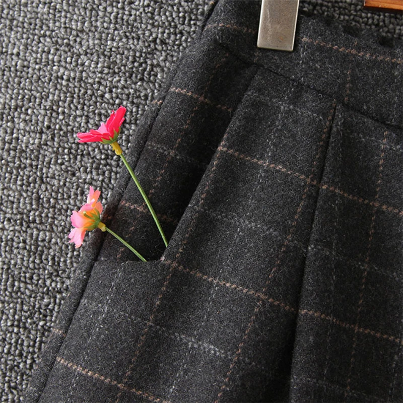 Merched карманы Винтаж Шорты женские шерстяные на осень зиму клетчатые шорты