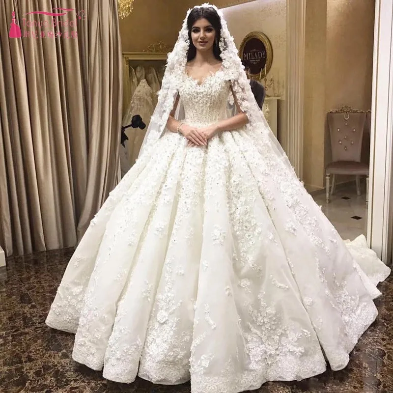 

Sweetheart Neck Fluffy Lace Appliques Beading Crystal Luxury Wedding Dresses Muslim Bridal Gown Custom Made 2019 New SS162