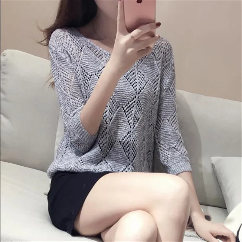 New Women Knit Sweater Round Collar Hollow Spring Summer Loose Slim Ladies Fashion Big Yards Short Pullover A0179 | Женская одежда
