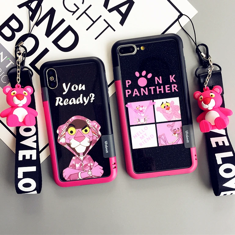 For iphone 8plus Pink Panther F &amp B Tempered Glass screen protector + soft bumper for iPhone X 8 7 7plus 6 6S 6sP toy +straps |