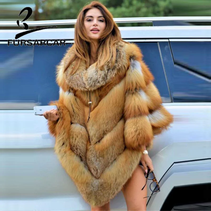 

FURSARCAR 2021 New Luxury Real Gold Fox Fur Shawls Winter Thick Warm Women Coats With Fur Collar Fashion Fur Cape For Female