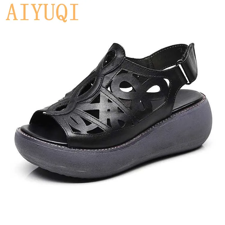 black AIYUQI/женские сандалии в стиле ретро; Новинка года; женские сандалии из натуральной кожи; летние туфли на плоской платформе; женские сандалии из натуральной воловьей кожи - Цвет: black